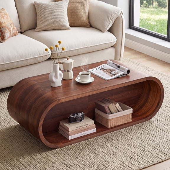 WIRRYTOR 47" Mid-Century Modern Oval Coffee Table with Storage, Curved Walnut Center Table, 2-Tier Wooden Tea Table Cocktail Table for Living Room