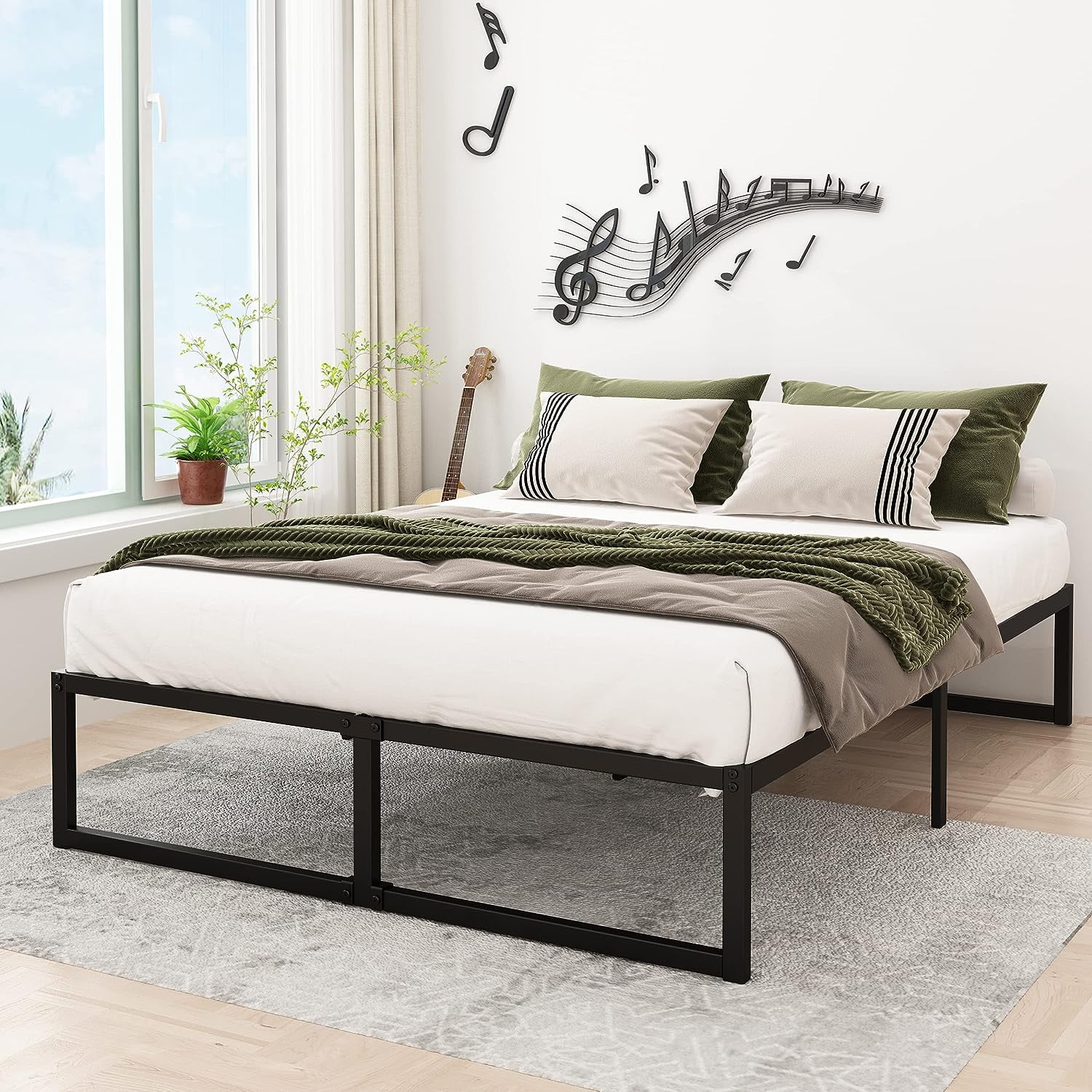 Lutown-Teen 14 inch Queen Bed Frame No Box Spring Needed, Easy Assembly, Heavy Duty Steel Slat Support Metal Platform Bed Frame Queen Size, Black