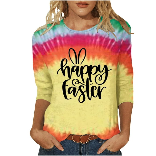 Dvkptbk Chemises pour Femmes Habillées Décontractées 2024 Joyeuses Pâques Hauts Graphiques Mode Décontractée Col Rond Manches Trois-Quarts T-Shirt Haut