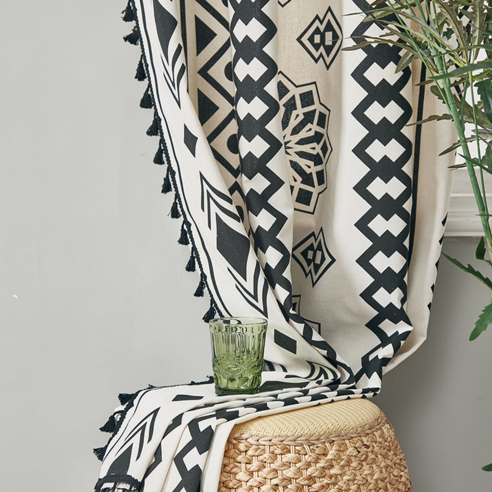 Black White Boho Farmhouse Curtains for Living Room 2 Panels, Linen Light Filtering Vintage Curtains Farmhouse Western Aztec Printed Rustic Rod Pocket Curtain Drapes with Tassels