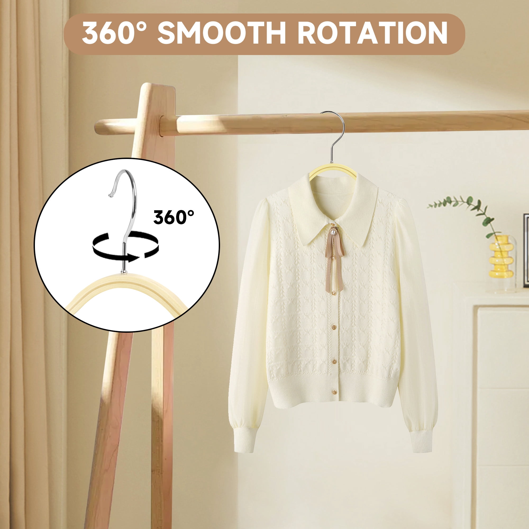 BP4U 24-Pack Wooden Hangers with Pants Bar, Slim Birch Lightweight Birch Wood Hangers with Non-Slip Rubber Strips, Space Saving Profile for Trousers, Sweaters, and Dresses(Natural Wood)