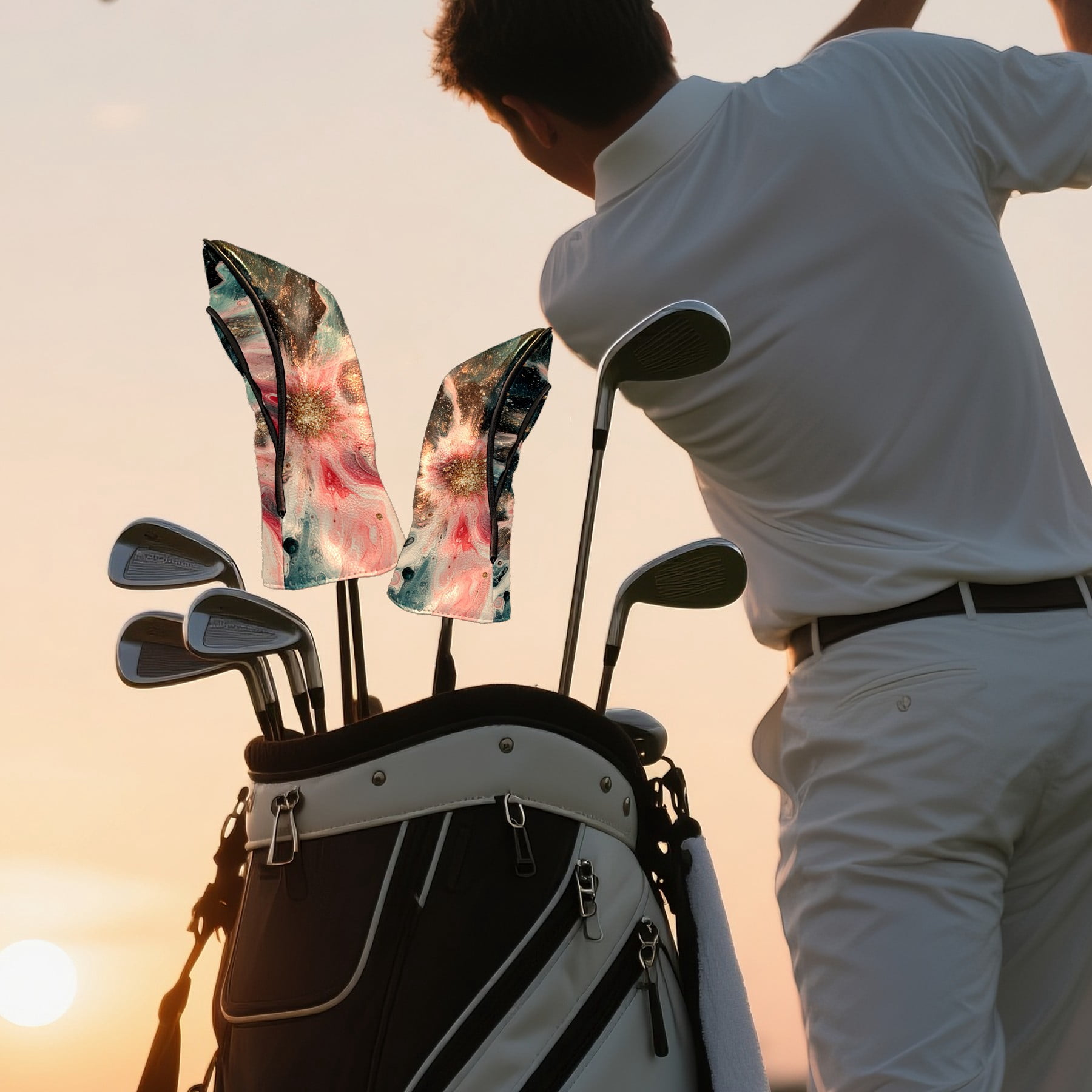Golf Club Covers PU Leather Waterproof Head Covers for Fairway Woods Hybrids Swirl Pattern Unisex Fits Most Brands