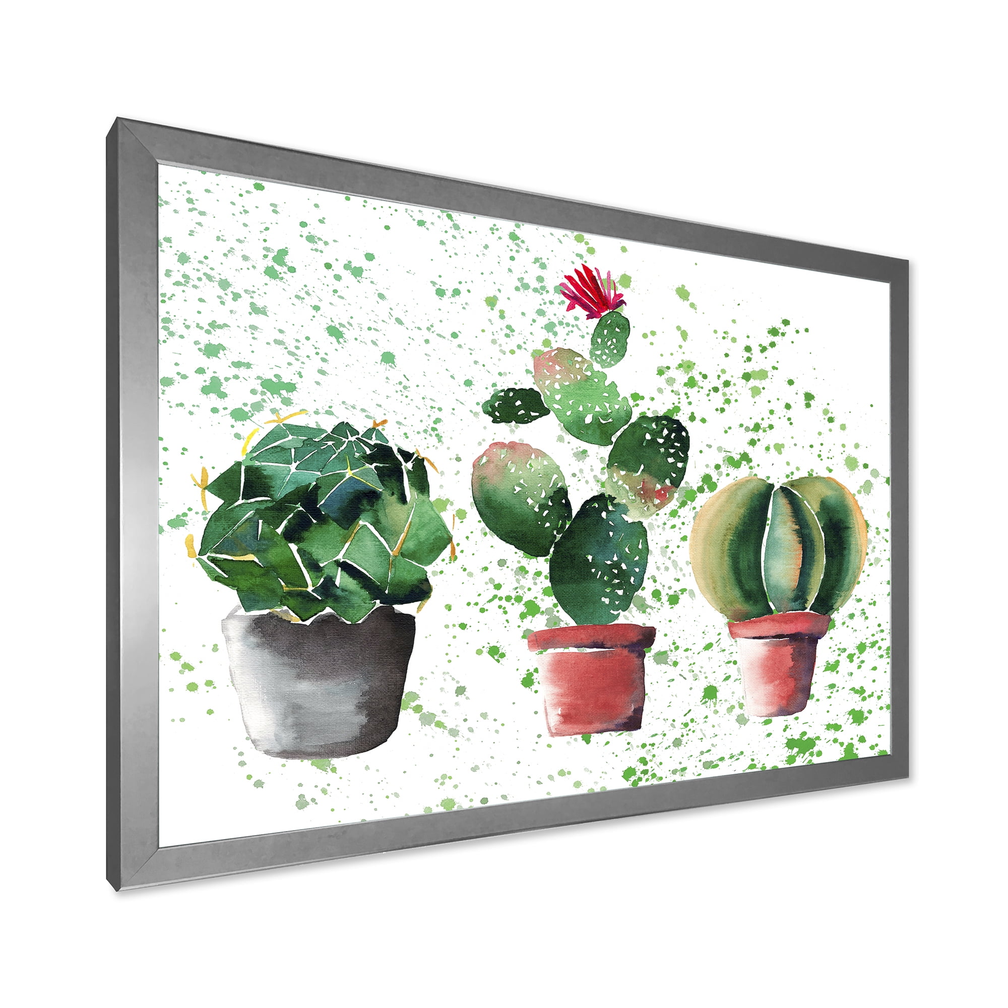 Designart 'Three Cacti In Clay Pots With Green Dots' Traditional Framed Art Print