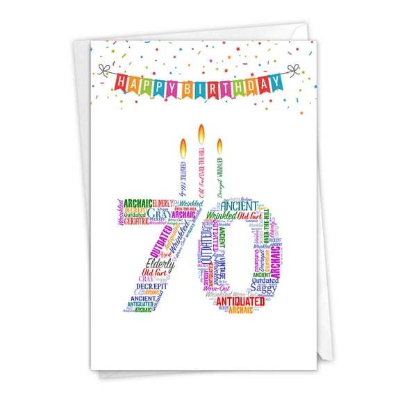 NobleWorks - 1 Funny Birthday Card with Envelope - Word Cloud Milestones 70 C9416MBG