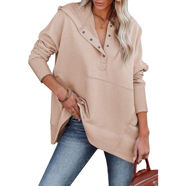 Sweat-shirt à Capuche avec Poches à Capuche Surdimensionné à Boutonnière et Col Rond pour Femmes