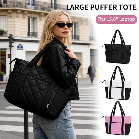 WANDF Puffy Tote Bag Shoulder Bag with Laptop Compartment for Women,Lightweight Quilted Handbag with Cup Holder for Nurse,Doctor,Teacher,College,Casual Totes for Travel,Work,Shopping(Black)