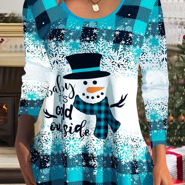 Plaid & Snowman Print Crew Neck T-Shirt, Casual Long Sleeve Top For Spring & Fall, Women's Clothing