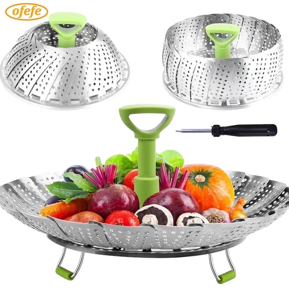 Vegetable Steamer Basket for Cooking Food, Green Stainless Steel Veggie Steam Basket for Pot, Folding Expandable Steaming Insert with Extendable Handle, 7.1" to 11"