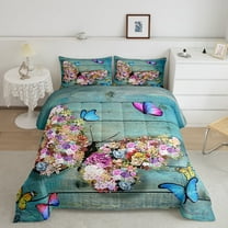 Flowers Butterflies Bedding Set Kawaii,Blue Butterfly Floral Comforter Set Queen,Teal Wood Board Retro Barn Door Cabin Style Down Comforter,Rustic Farm Animals Quilt Women Adult