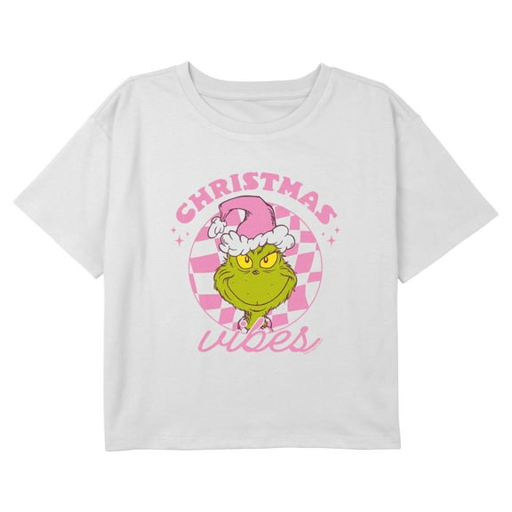 Girls The Grinch Checkered Christmas Graphic Cropped T-Shirt