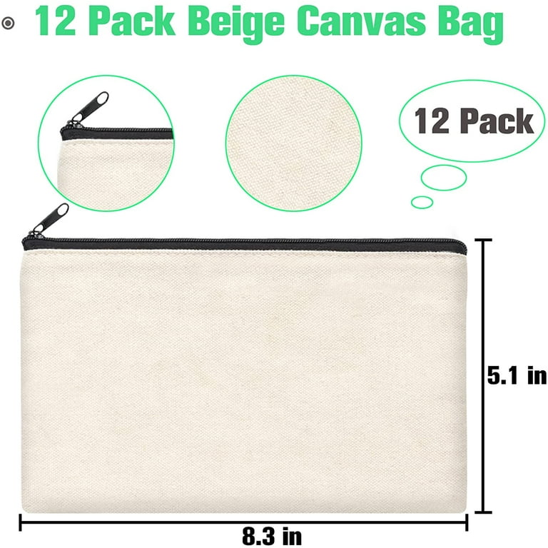12 Pack Blank Canvas Zipper Pouch Bulk, Makeup Bag Pencil Case for
