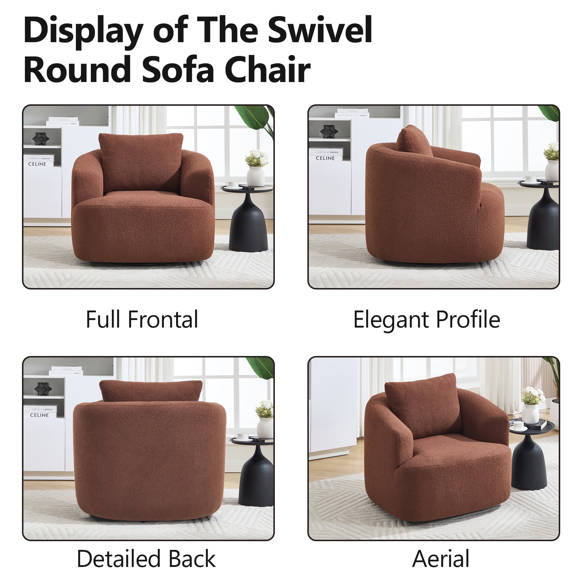 Swivel Accent Chair,360° Round Upholstered Armchair with One Soft Pillow,Teddy Fleece High-Resilience Sponge Single Sofa for Living Room, Bedroom, Apartment,No Assembly,Brown