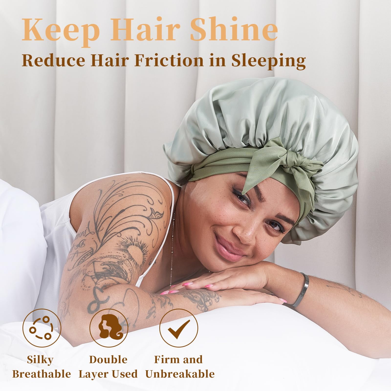 Silk Bonnet for Sleeping Women, Satin Hair Bonnet for Sleeping for Wavy Curly Natural Hair Women Men, Green