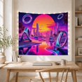 thumbnail image 5 of Futuristic City Among Purple Dunes and Chrome Loops, Dreamy Retro Style for Synthwave Fans, Sci Fi Wall Art, Housewarming Gift, Tapestry Wall Hanging for Bedroom and Gaming Room, 5 of 7
