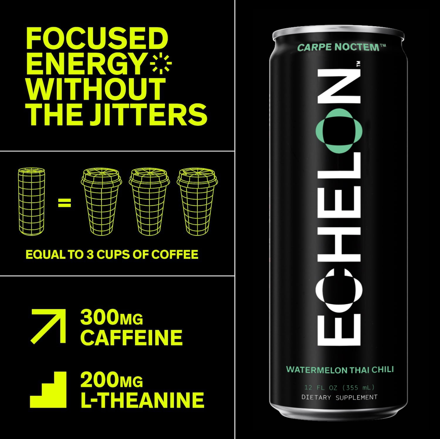Echelon Energy Drink - 12-Pack Watermelon Thai Chili Flavor - Pre-Workout with 300mg Caffeine, L-Theanine, Beta-Alanine - Military Developed