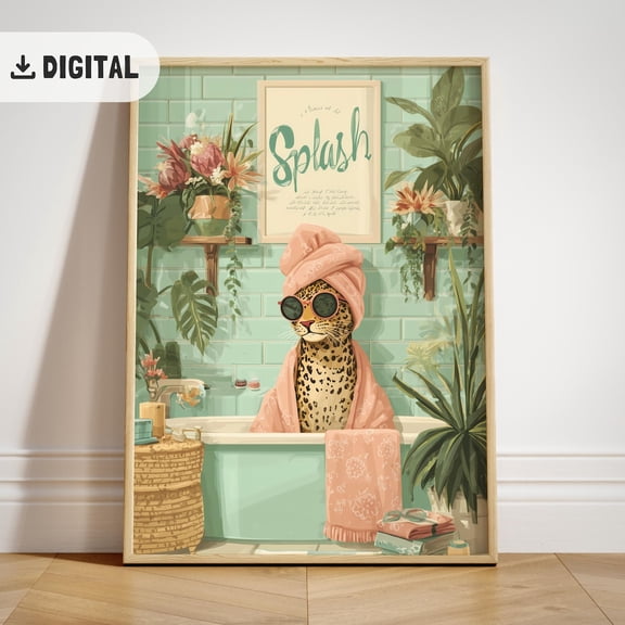Cheetah Bathroom Poster, Leopard Bathtub Wall Decor, Poster Animal Art Wc, Unframed Poster Size 8x12