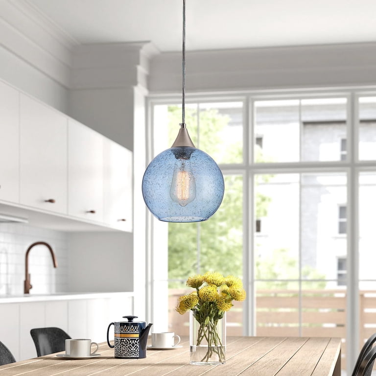 Blue Glass Pendant Light Fixture – One-Light Gold Ceiling Lamp, Teal Blue Dome Glass Shade, Mid-Century Modern, Dimmable, E26 Base, For Kitchen Island Or Dining Room