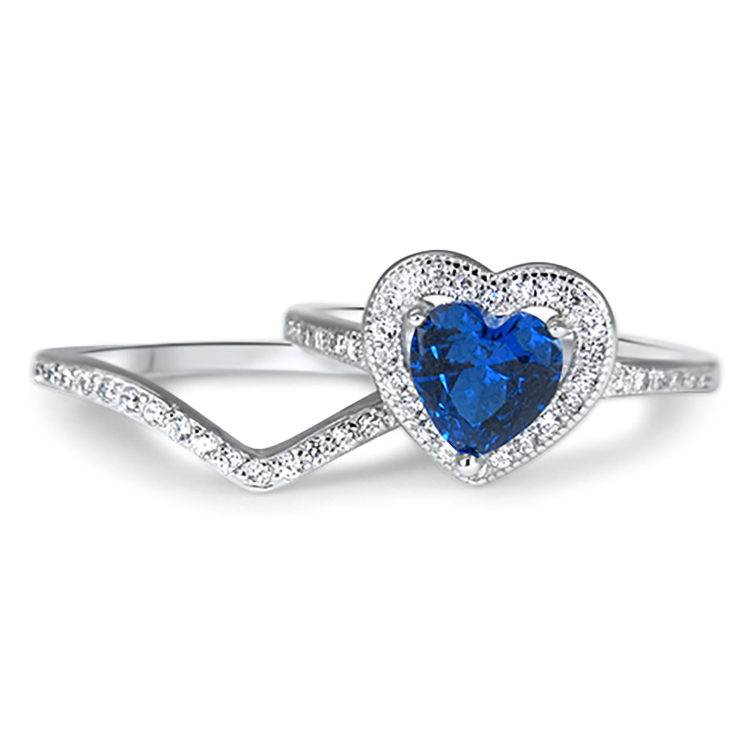 Sapphire Blue CZ Heart Halo Wedding Engagement Ring Set for Women Size 8