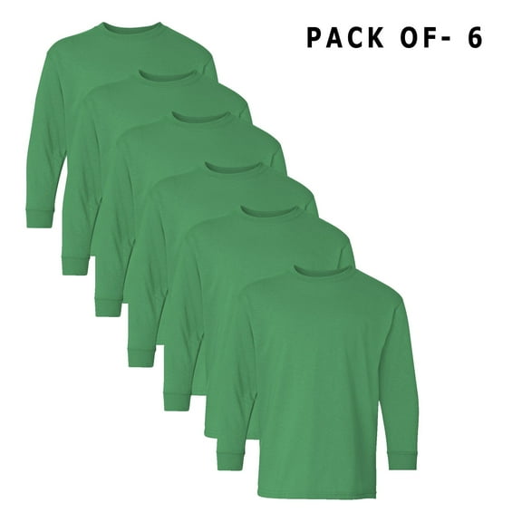 Gildan Youth Long Sleeve T-Shirt | Heavy Cotton Crew Neck Classic Long tee for unisex Comfort and Durability Irish Green Color 5.3 oz 100% cotton Shirt, 6 Pack Size-S