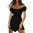 thumbnail image 1 of Fortune Women Off Shoulder Ruffle Romper Solid Color Short Jumpsuits Beach Sundress, 1 of 9