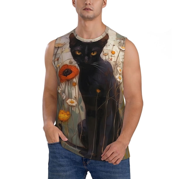 Fotbe Black Cat in Wildflowers Men's Camiseta sin Mangas Estampada para Hombres, Playera Casual para Gimnasio, Entrenamiento, Playa-Small