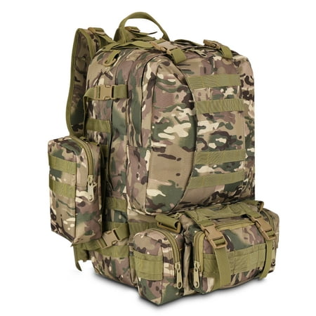 3-in-1 Tactical Backpack (Marshland Camo) 55L Large Army Assault Pack w/ Detachable Shoulder Messenger Bag 2 Side Packs, MOLLE Gear Attachment System, Bug-out Bag Daypack Rucksack for Outdoor