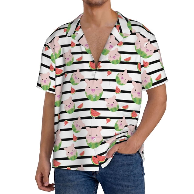 Balery Pig And Watermelon Camisa Casual de Manga Corta con Botones para Hombre, Texturizada, Estilo Cubano, para Playa, Verano-4X-Large