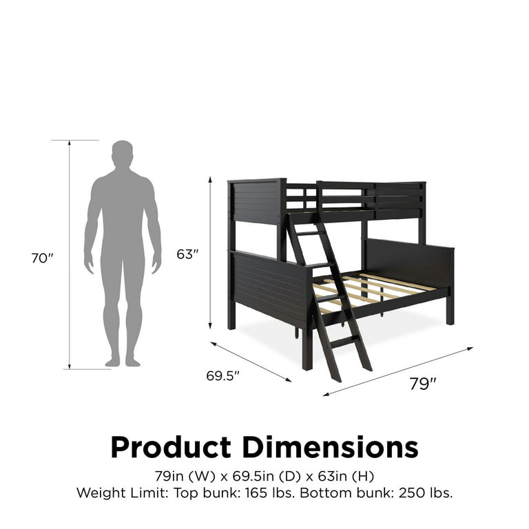 Your Zone Kenzo Convertible Twin-Over-Full Wood Bunk Bed, Black 