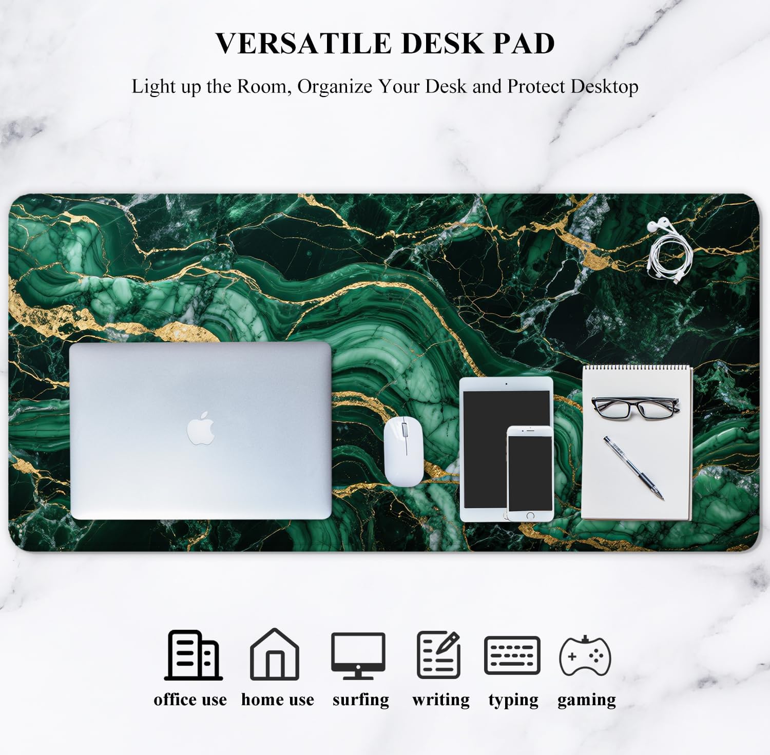 Desk Mat, Ultra Large Mouse Pad, XXL Gaming Mousepad, Pretty Desk Pad, Big Extended Full Size Desktop Desk Matt for Keyboard, Laptop & Computer, 35.5 x 15.7 in, Green Marble