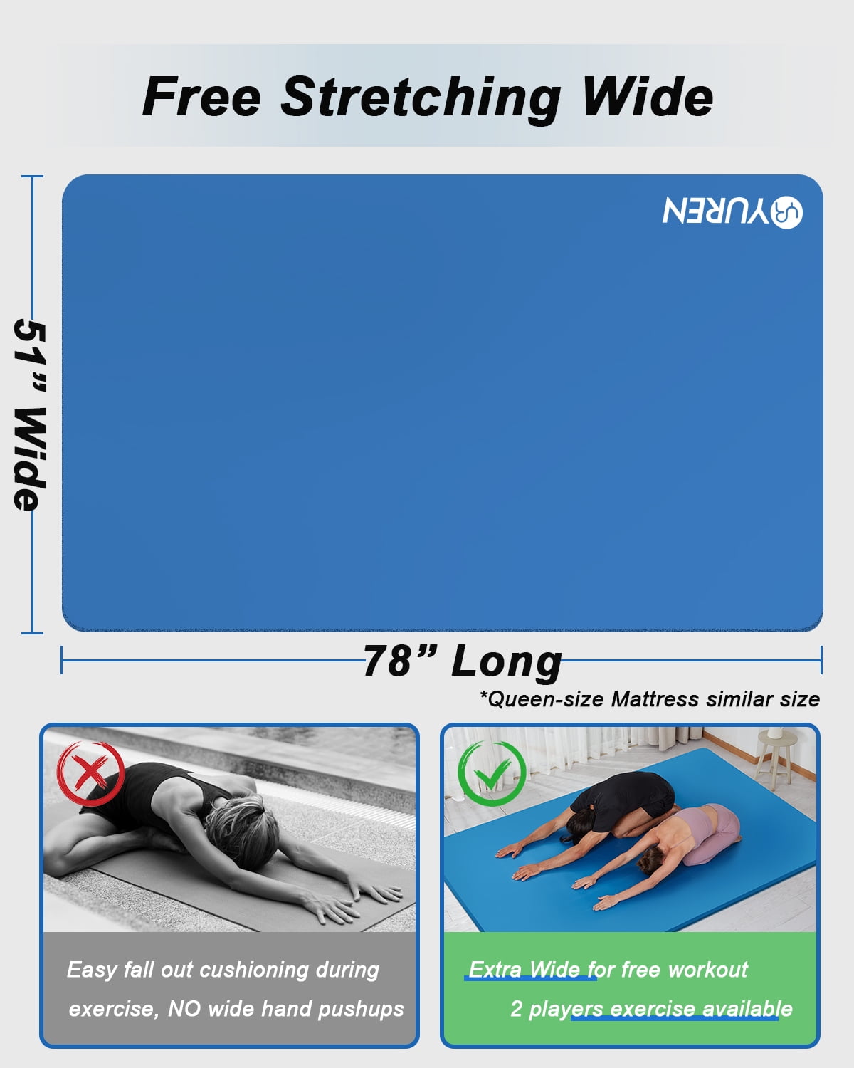YR Large Yoga Mat 78x51 Inch 10mm Thick NBR Foam Exercise Mats for Home Gym Fitness Workout, Blue