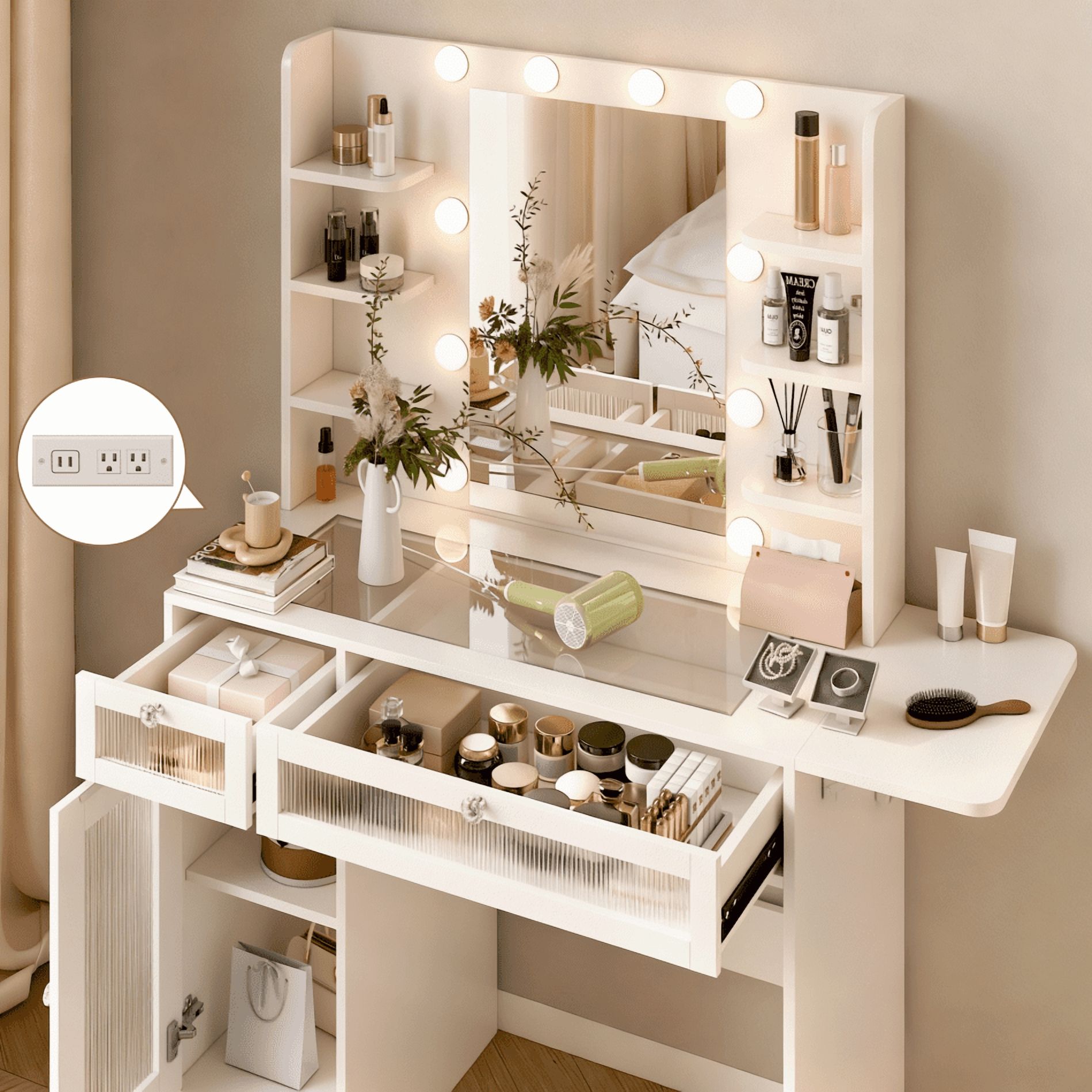 Vanity Desk with Mirror and Lights, Makeup Vanity Desk with Lights 7 Colors, Transparent Top Vanity with 2 Drawers, 6 Shelves, Large Tempered Cabinet, Power Outlet, for Bedroom, White
