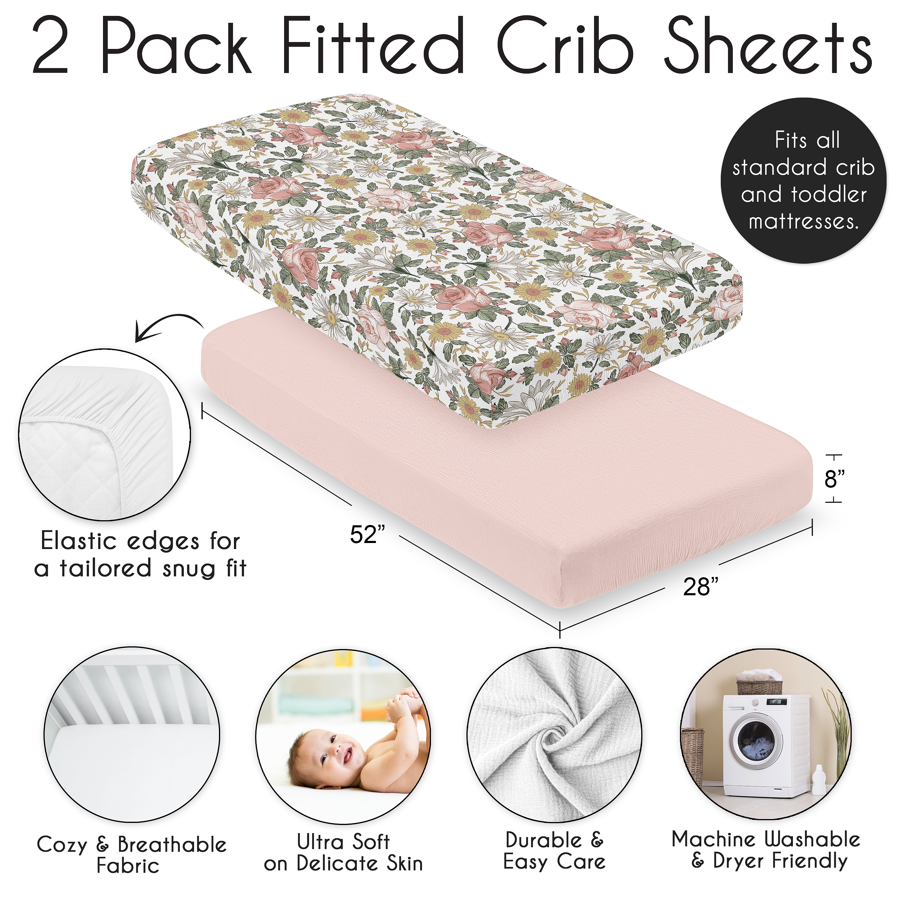 Sweet Jojo Designs Vintage Floral Pink Girl 100% Cotton Muslin Fitted Crib Sheets Set 2 Piece