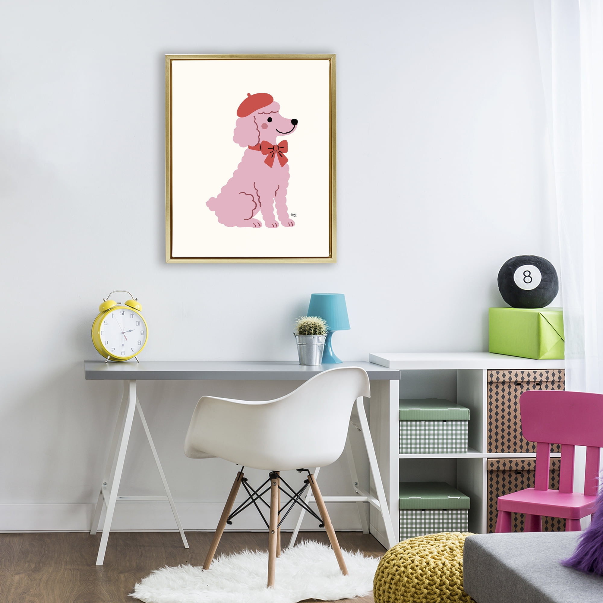 French Poodle in Beret Gold Framed Floater Canvas Wall Art, design by Jessica Beck