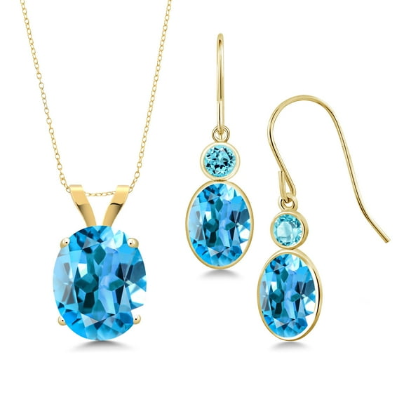 Gem Stone King 7.13 Ct Oval Swiss Blue Topaz 14K Yellow Gold Pendant and Earrings Jewelry Set