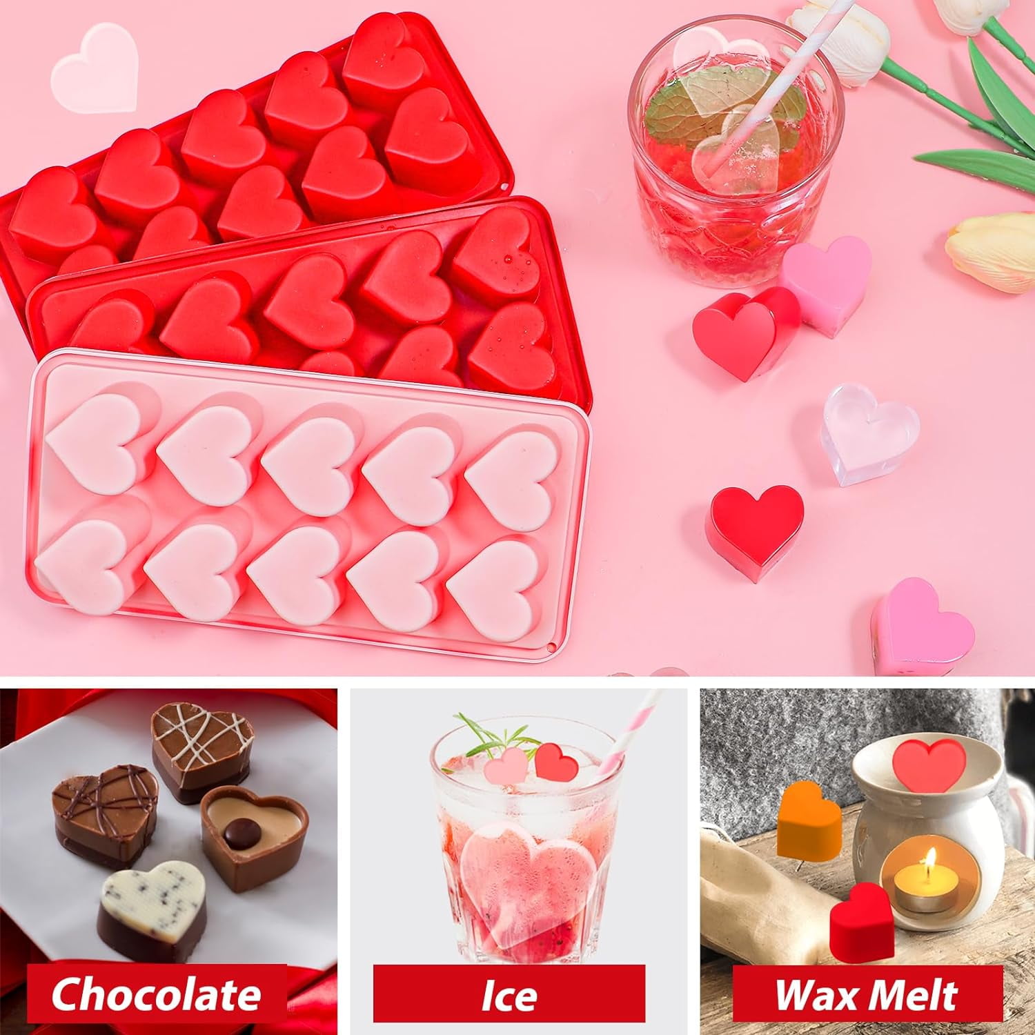 4-Pack Silicone Ice Cube Trays Set – Sphere (1.1"), Heart (10 & 8 Cavity), Star with Lid – BPA-Free, Easy Release – For Cocktails, Whiskey & Chocolate – Green/Pink/Red/Multicolor