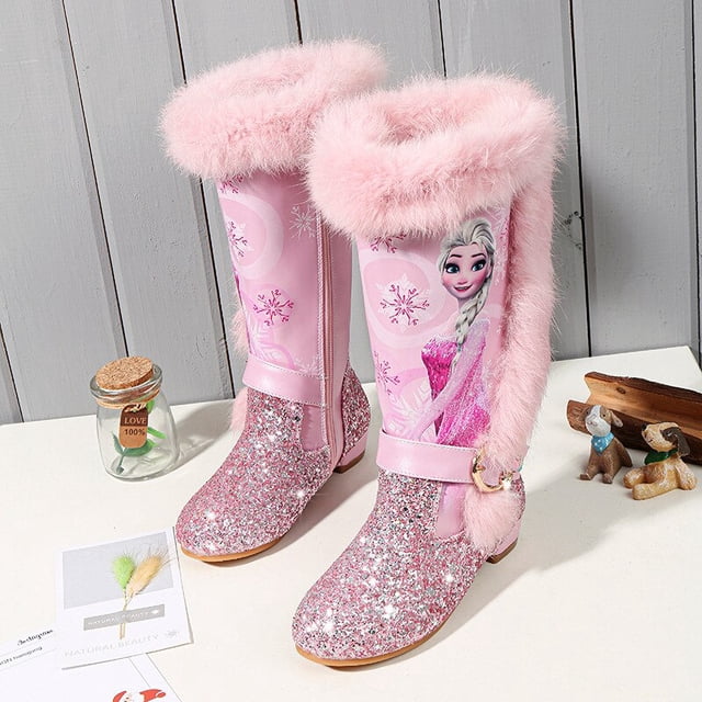 Disney otoño e invierno frozen nuevas niñas botas de tacón alto niña princesa elsa botas más terciopelo cálido niños nieve boots33-Insole 20.5CM Gao Jinjia LED