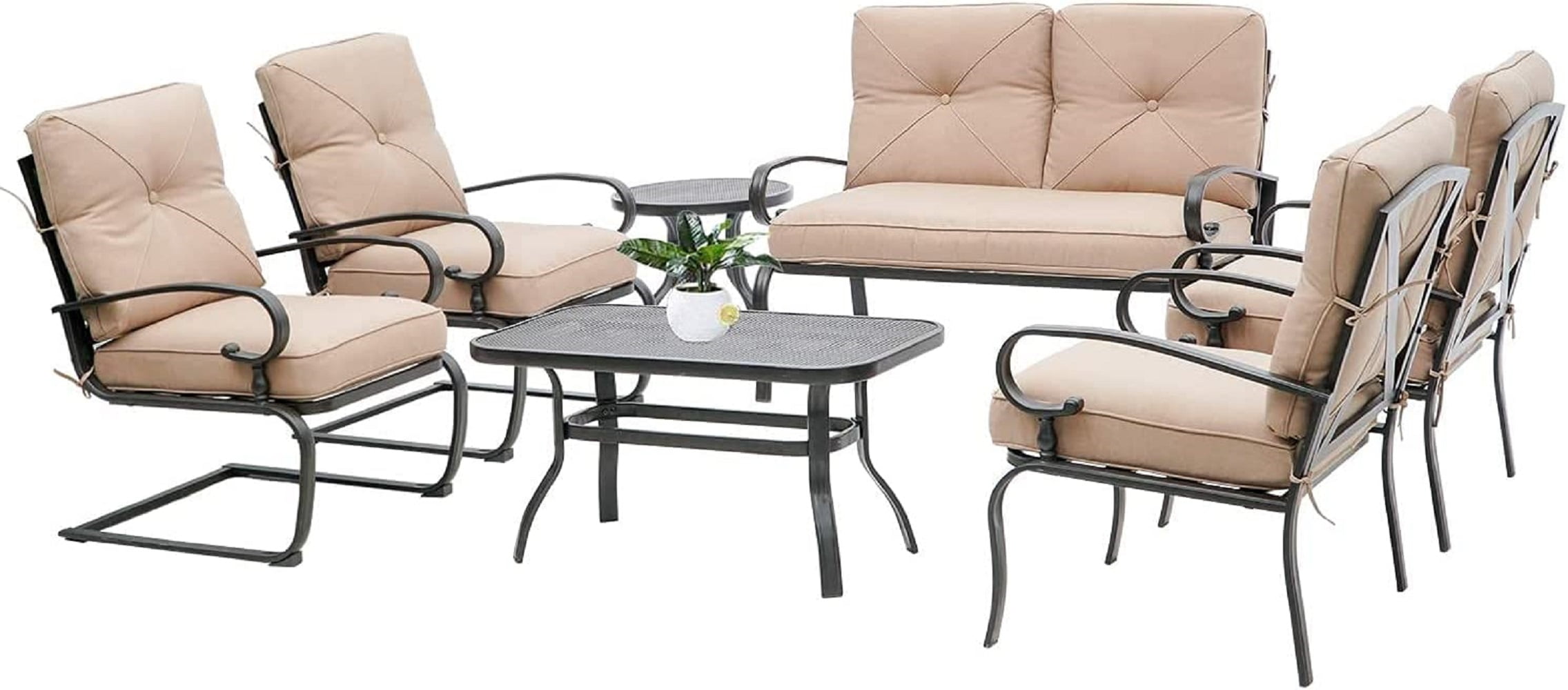 SOLAURA 7-Piece Patio Furniture Outdoor Metal Conversation Set (2 Spring Chairs, 2 Patio Chairs, Loveseat with Coffee Table and Side Table) - Brown