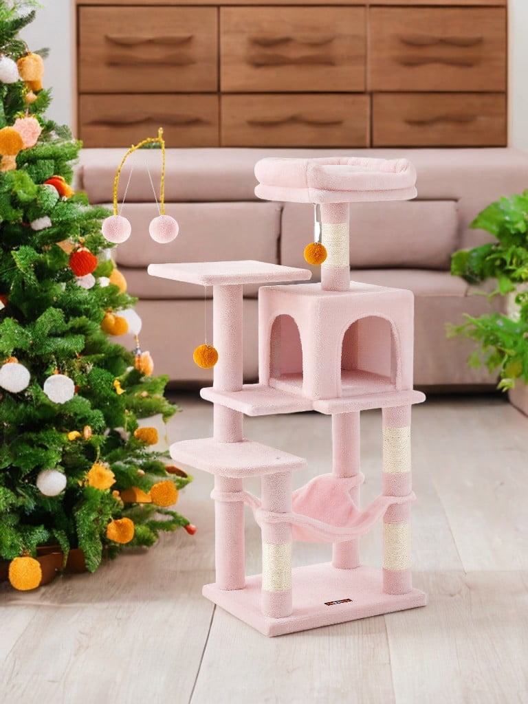Feandrea 44.1' Cat Tree Tower for Indoor Cats ,Multi-Level Cat Condo Cat Furniture with Scratching Posts, Perches, Hammock, Cave ,Jelly Pink