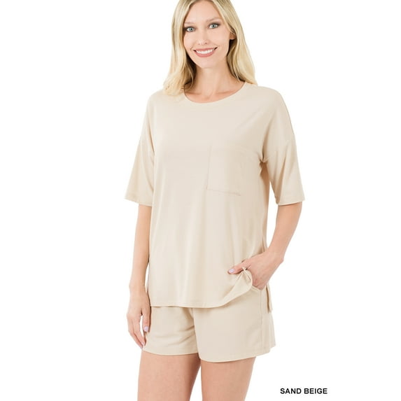 Zenana Women & Plus Relaxed Fit Drop Shoulder Tee Shirt Top & Drawstring Waist Short Lounge Set