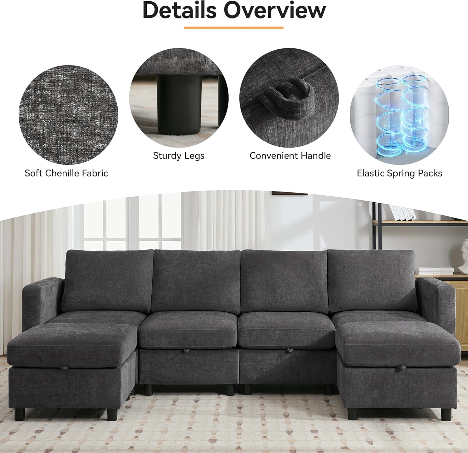 107”Modular Sectional Sofa Convertible U Shaped Sofa Couch Set with Storage for Living Room, Modern 6 Seater Modular Sectional Couch with Movable Ottoman, Chenille Dark Grey
