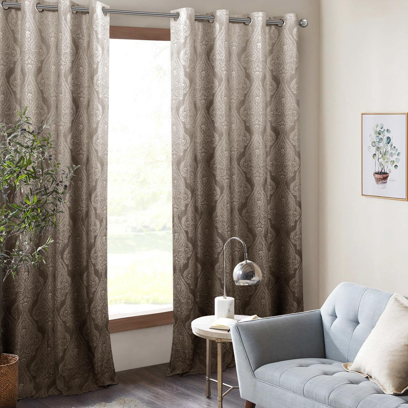 DWCN Ombre Blackout Curtains–Damask Patterned Thermal Insulated Noise Reducing Grommet Curtains for Bedroom Living Room, 52 x 63 Inches, Set of 2 Panels with Tiebacks, Brown