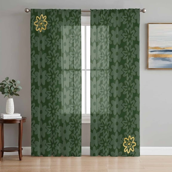 Sheer Curtains 63 Inch Length 2 Panels Set for Bedroom, Dark Green Gold Floral Semi Sheer Curtains for Windows, Modern Abstract Art Spring Flowers Voile Window Treatments Rod Pocket Curtain