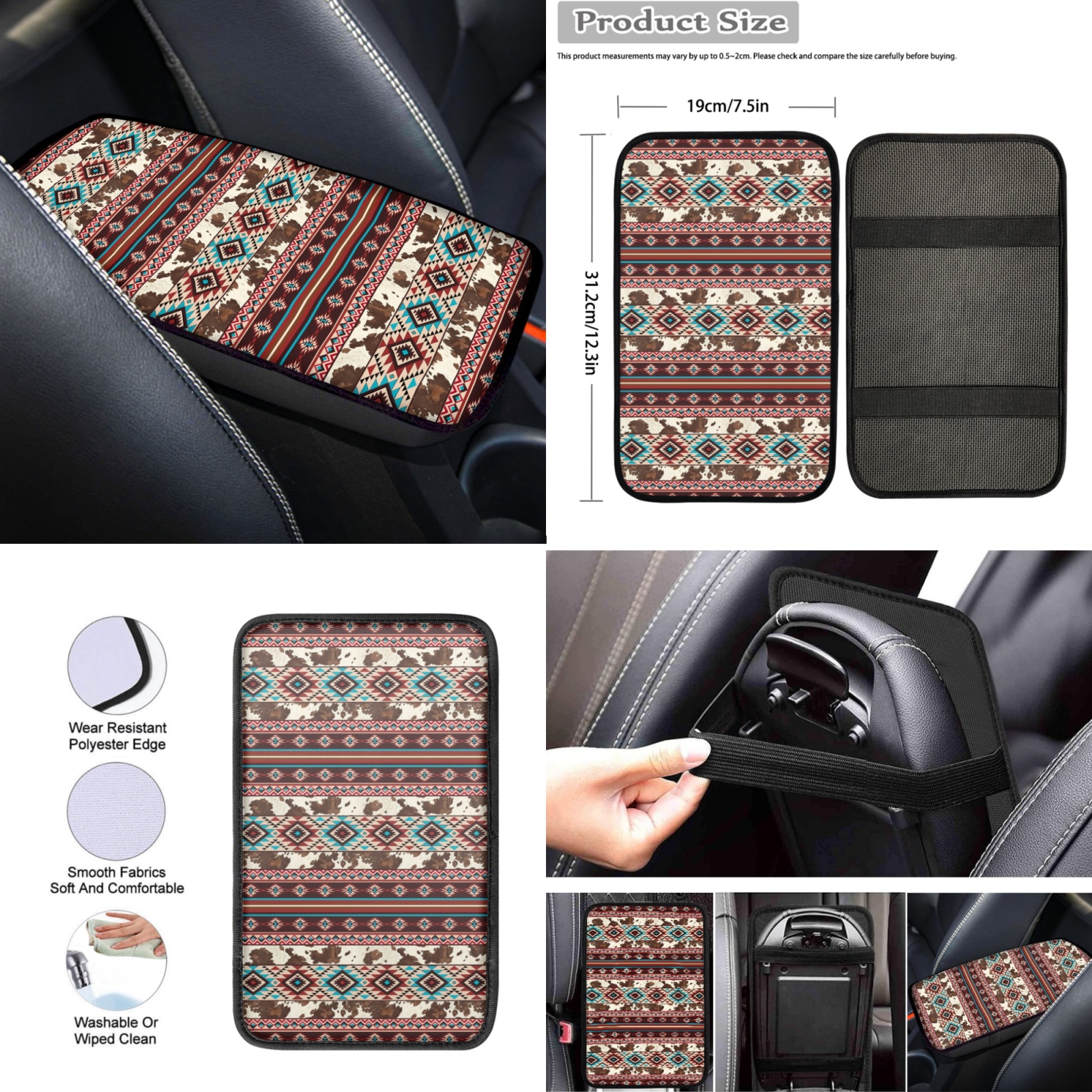 Renewold American Tribal Brown Cow Print Red Car Seat Covers with Steering Wheel Cover and Seat Belt Pad Armrest Pad Handbrake Cover Gear Shift Cover Cup Coaster Holder Seat Cover, Pack of 12