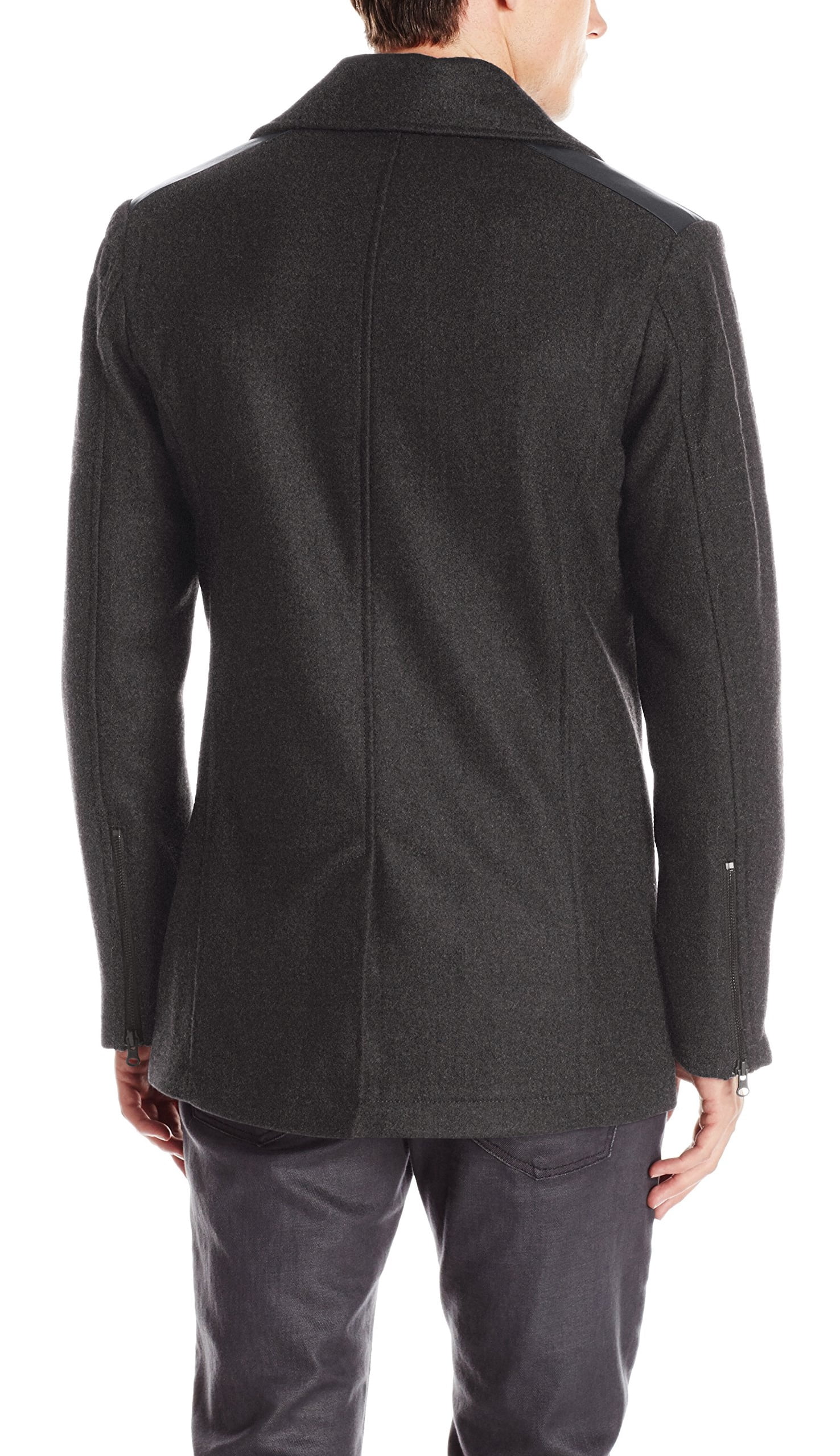 Faux Leather Trim Pea Coat,Size 