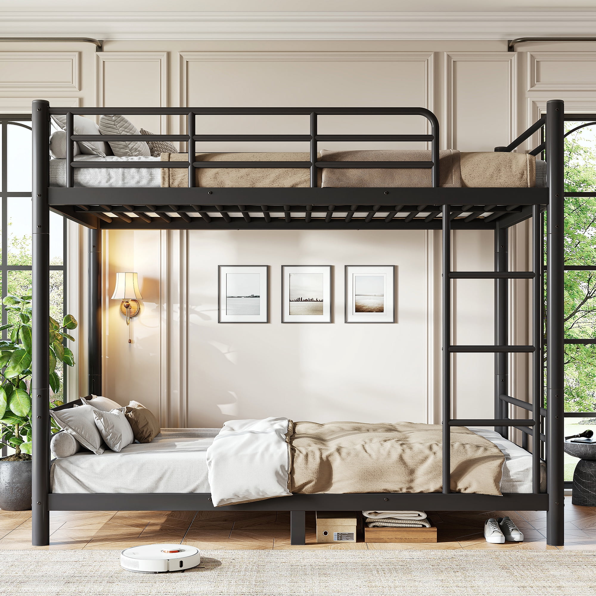 Aukfa Twin XL over Twin XL Metal Bunk Bed for Kids, Converts into Two Twin XL Beds, Round Tube Construction & Full-Length Guardrails, Black
