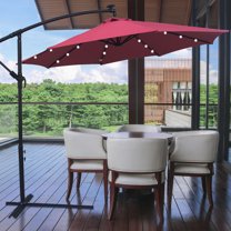 Patio Offset Hanging Umbrella, 10ft Solar Power Outdoor Cantilever Umbrella, with Cross & Crank Base, 24 LED Solar Powered Lights, Patio Outdoor Umbrella for Garden Deck Backyard Pool, Burgundy, D101