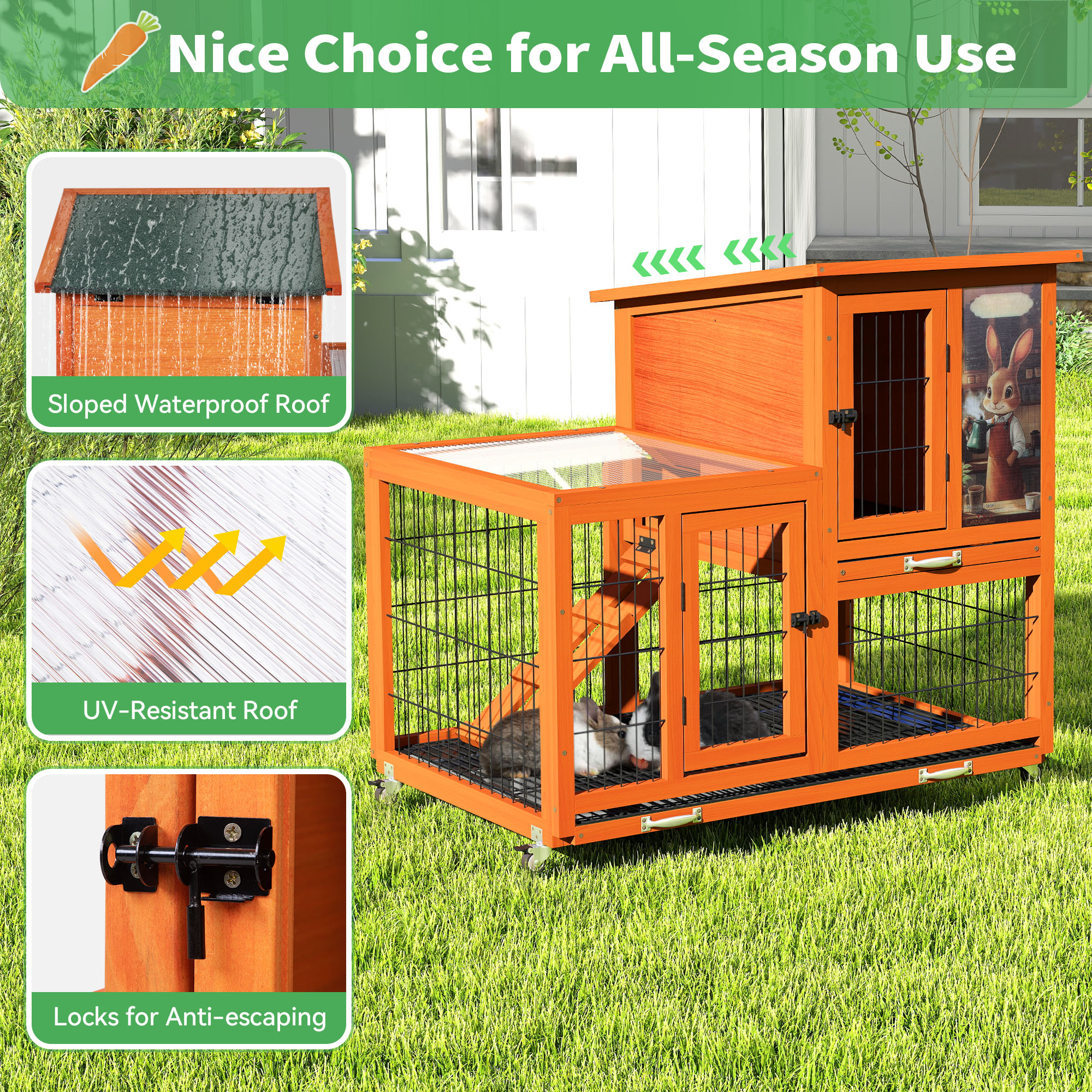 COZIWOW Rabbit Cage Indoor with Wire Bottom, 2-Level Large Wooden Bunny Hutch on Wheels Outdoor for Multiple Small Animals, Orange + Colorful Patterns