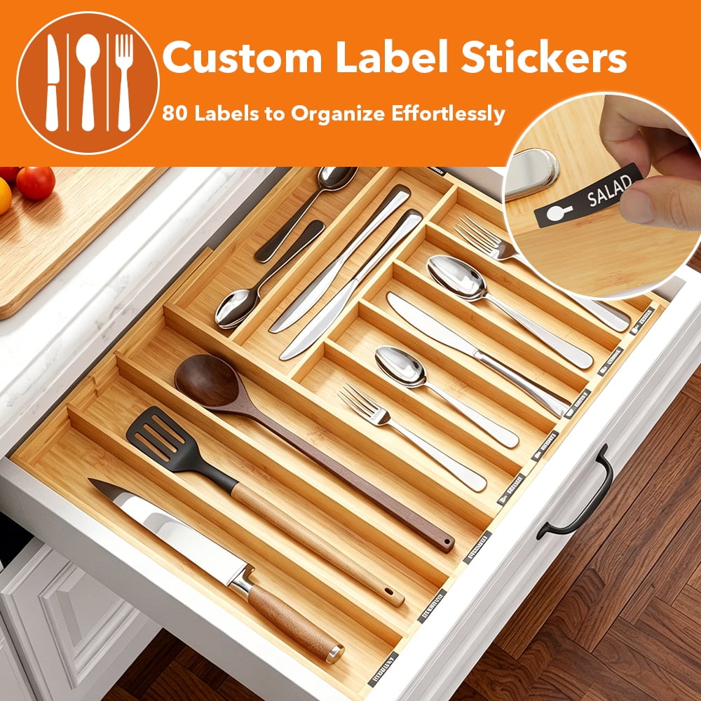 PLUMEBAY Bamboo Silverware Drawer Organizer with Labels, Expandable Kitchen Utensil Tray for Cutlery, Spoons and Knives, 10 Slot Drawer Organizer (Natural)