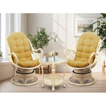 SK New Interiors Set of 2 Swivel Rocking Java Lounge Chair Natural Rattan Wicker Handmade w/Light Brown Cushion and Round Coffee Table White Wash