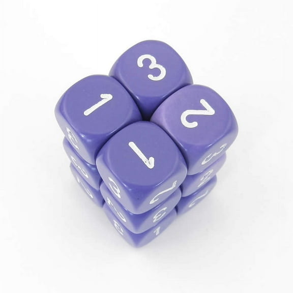 Purple Opaque Dice with White Numbers D3 (D6 1-3 Twice) 16mm (5/8in) Pack of 12 Wondertrail